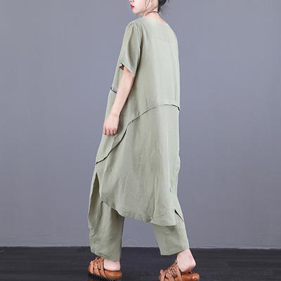 Organic Light green Cotton tunic top stylish Spliced Irregular Short Sleeve Blouse And Pants - Omychic