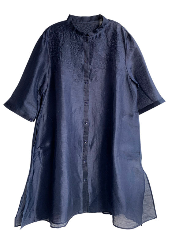Organic Navy Embroideried Side Open Linen Silk Shirts Half Sleeve