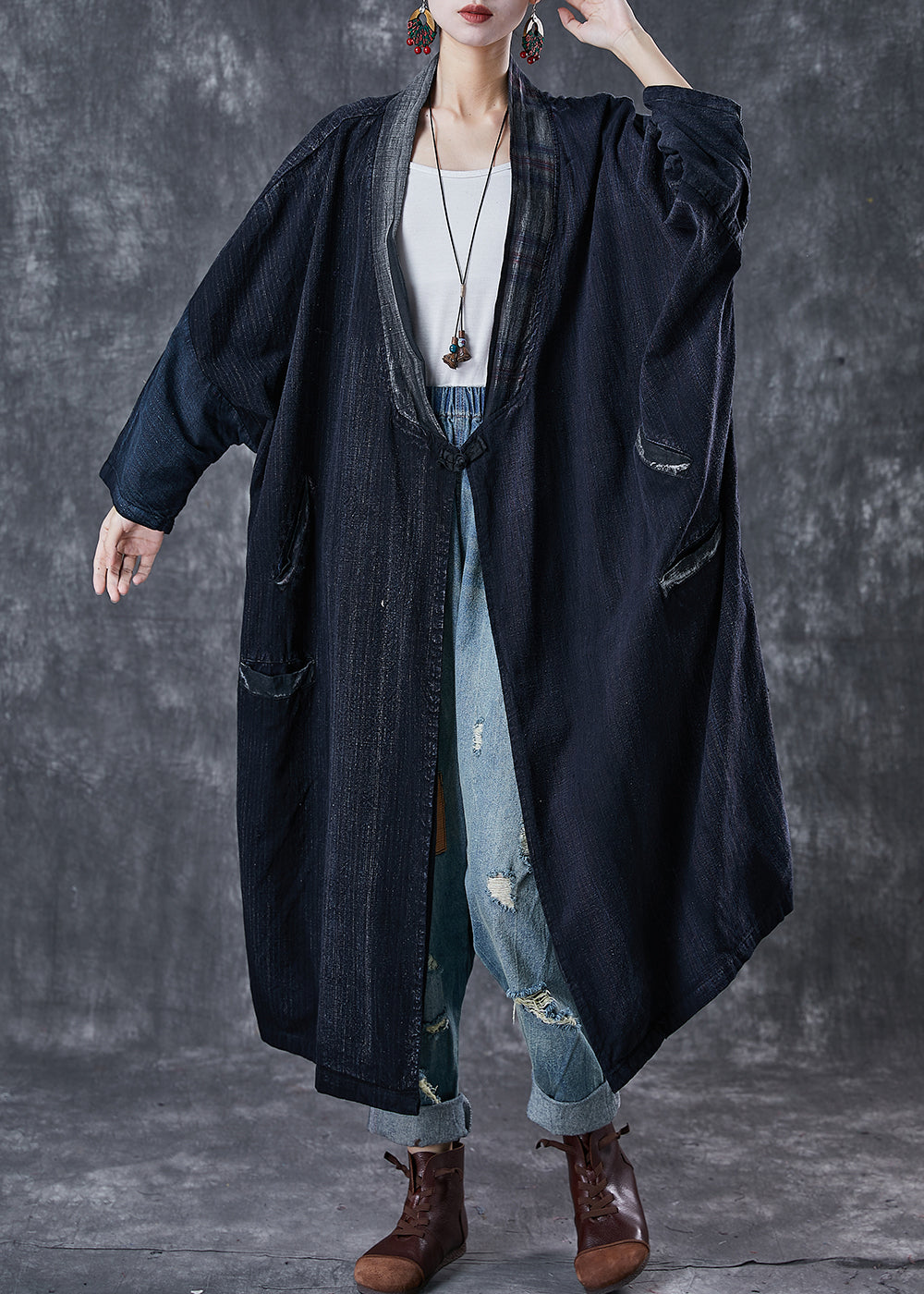 Organic Navy Oversized Chinese Button Cotton Trench Coats Spring