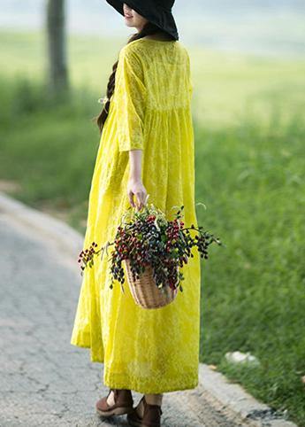 Organic O Neck Cinched Long Shirts Lnspiration Yellow Print Kaftan Dresses - Omychic