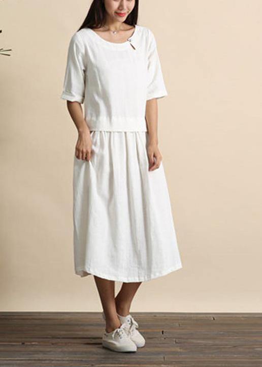 Organic O Neck Cinched Summer Tunics Tops White Maxi Dress - Omychic