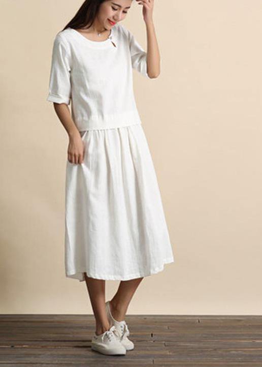 Organic O Neck Cinched Summer Tunics Tops White Maxi Dress - Omychic