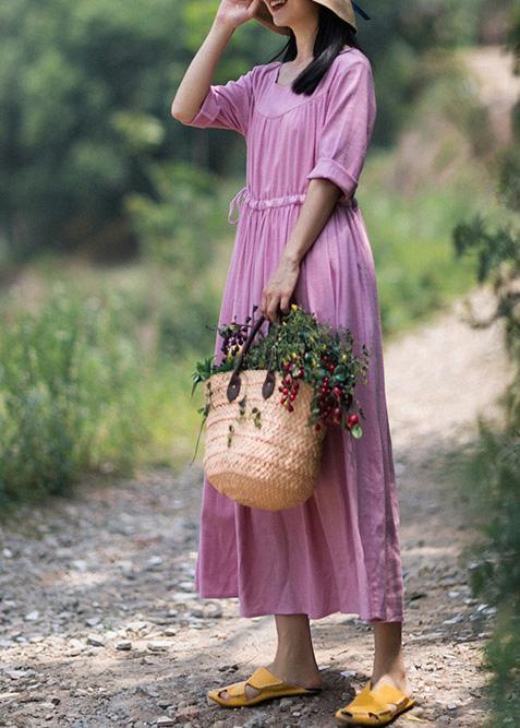 Organic Pink Clothes For Women O Neck Drawstring Summer Dresses - Omychic