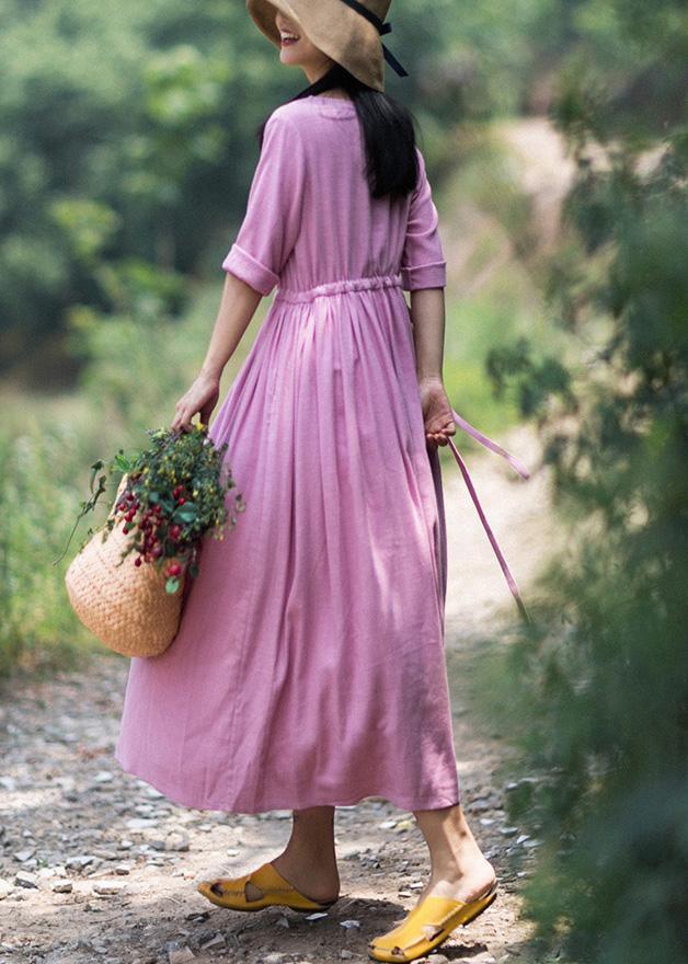 Organic Pink Clothes For Women O Neck Drawstring Summer Dresses - Omychic
