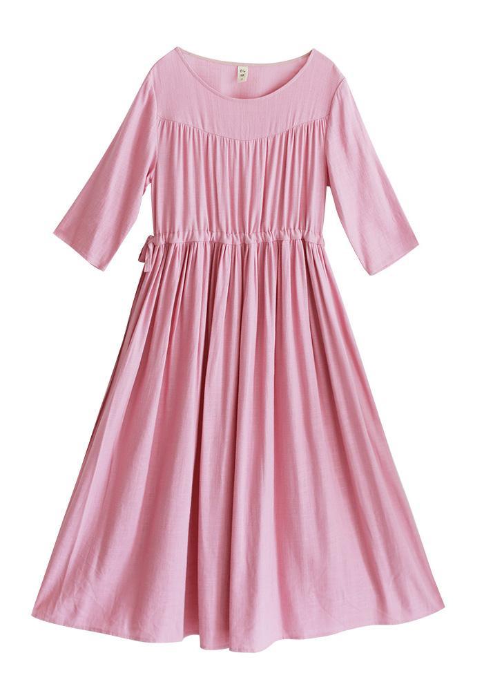 Organic Pink Clothes For Women O Neck Drawstring Summer Dresses - Omychic