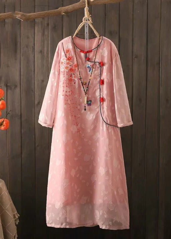 Organic Pink Embroideried Patchwork Button Long Dress Long Sleeve