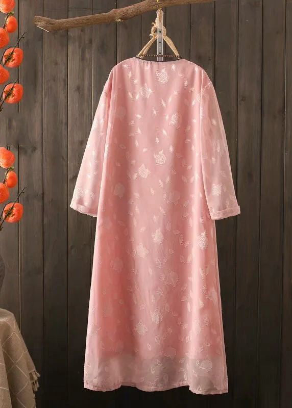 Organic Pink Embroideried Patchwork Button Long Dress Long Sleeve