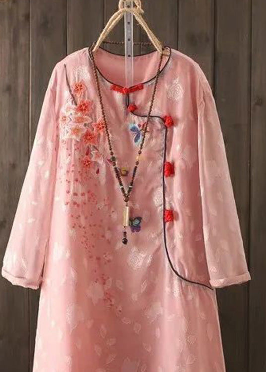 Organic Pink Embroideried Patchwork Button Long Dress Long Sleeve