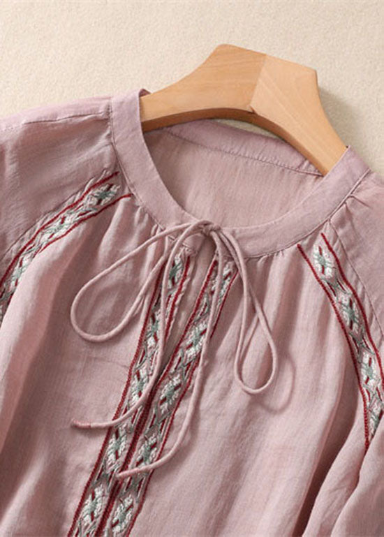 Organic Pink Embroideried Patchwork Cotton Shirt Tops Bracelet Sleeve