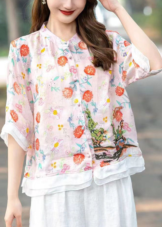 Organic Pink Embroideried Patchwork Print Linen Shirts Half Sleeve