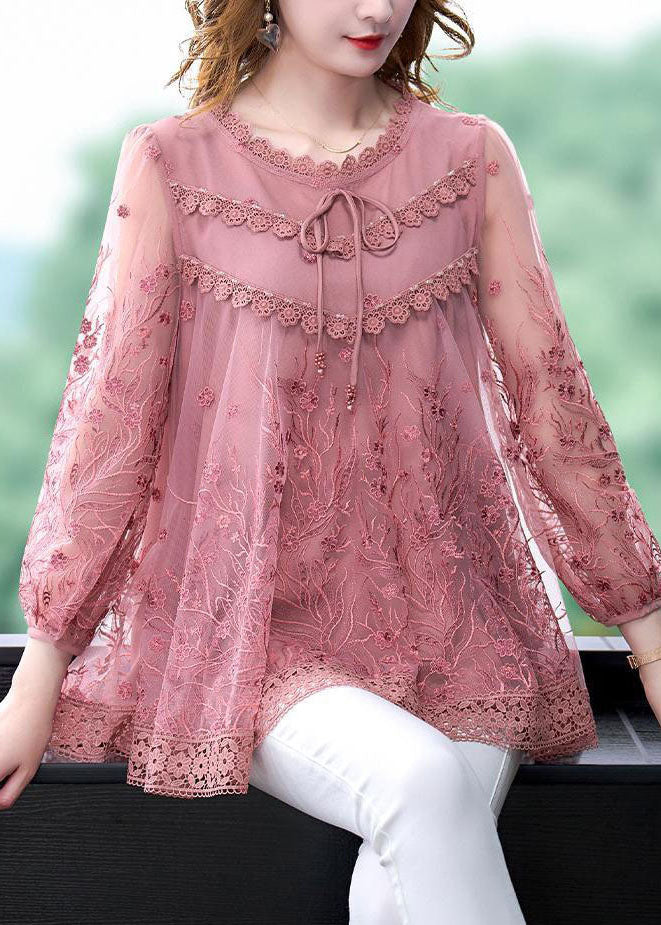 Organic Pink Embroideried Patchwork Tulle Tops Summer