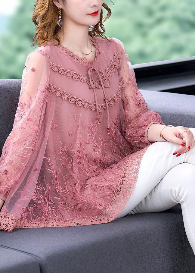 Organic Pink Embroideried Patchwork Tulle Tops Summer