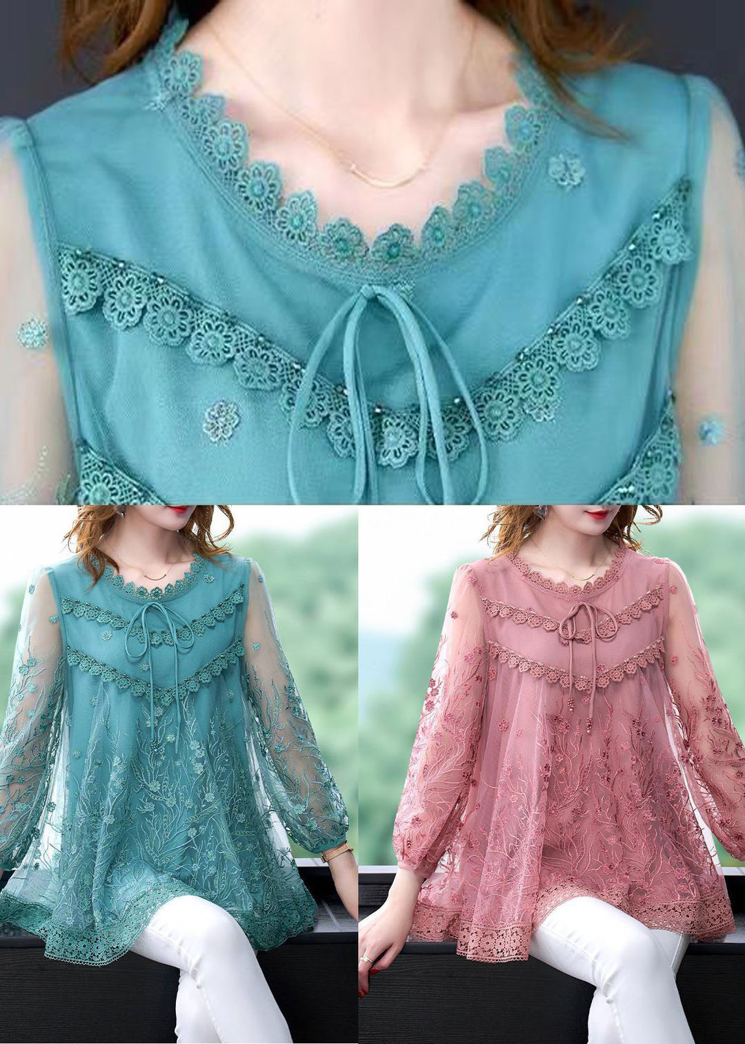 Organic Pink Embroidered Patchwork Tulle Tops Summer