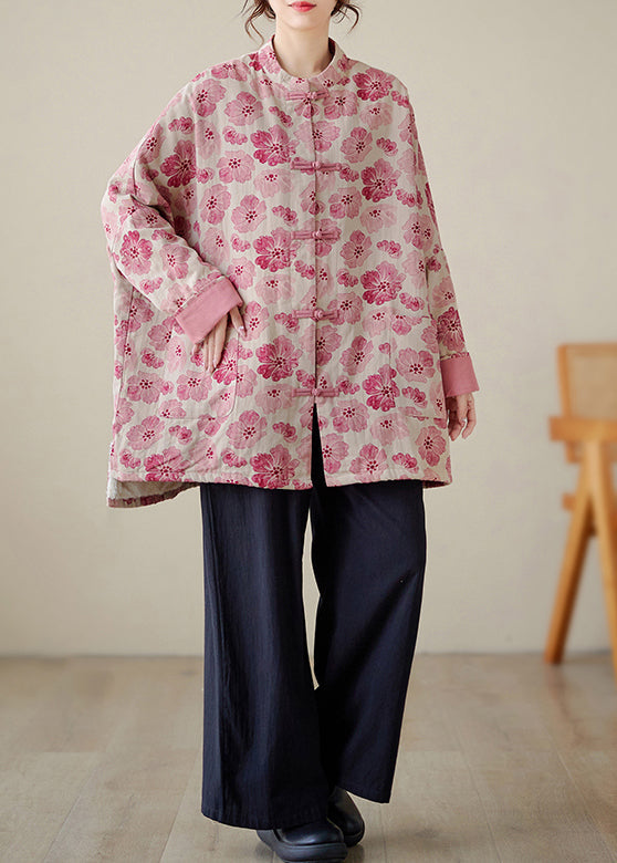 Organic Pink Oversized Print Fine Cotton Filled Coat Outwear