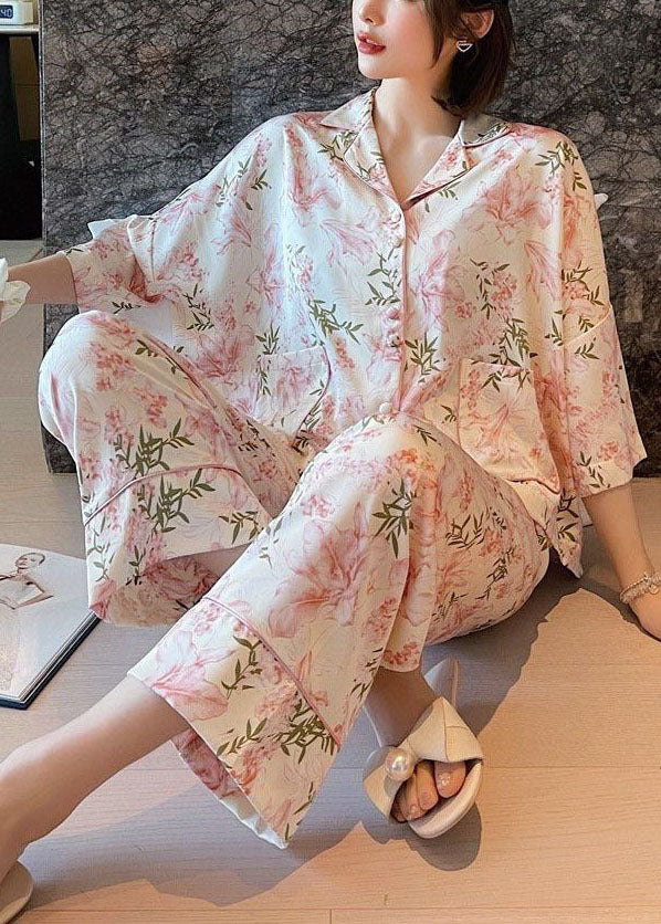 Organic Pink Oversized Print Ice Silk Pajamas Two Piece Set Women Clothing Batwing Sleeve