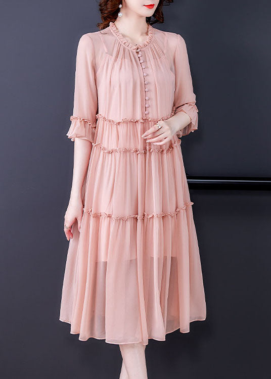 Organic Pink Ruffled Patchwork Silk Dresses Half Sleeve