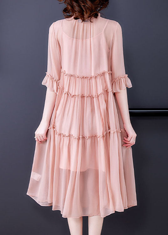 Organic Pink Ruffled Patchwork Silk Dresses Half Sleeve