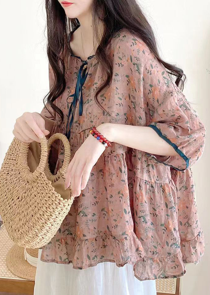 Organic Pink Ruffled Print Lace Up Cotton Shirts Half Sleeve