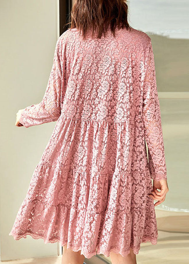 Organic Pink Stand Collar Lace Up Wrinkled Patchwork Lace Dress Spring