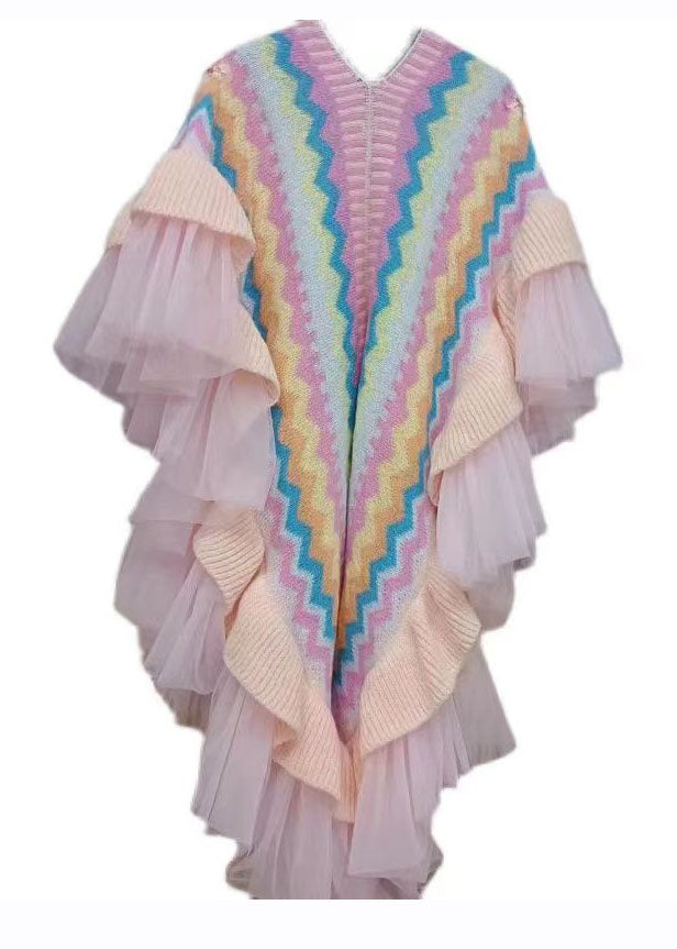 Organic Pink V Neck Striped Tulle Patchwork Nail Bead Knit Cardigans Fall