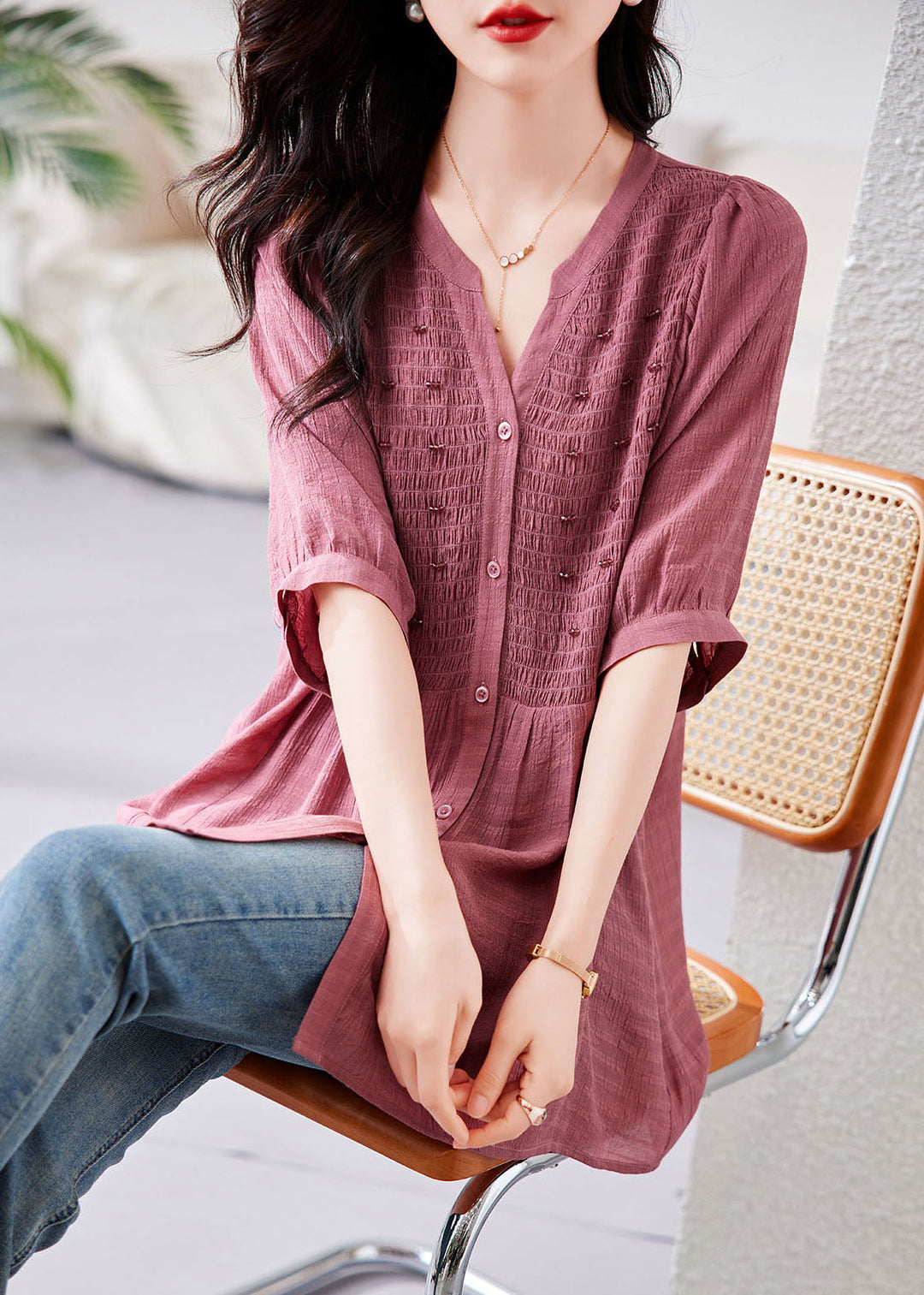 Organic Pink V Neck Wrinkled Button Shirts Half Sleeve