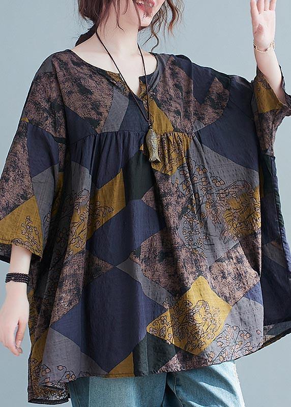 Organic Print V Neck Batwing Sleeve Cotton Top Summer - Omychic