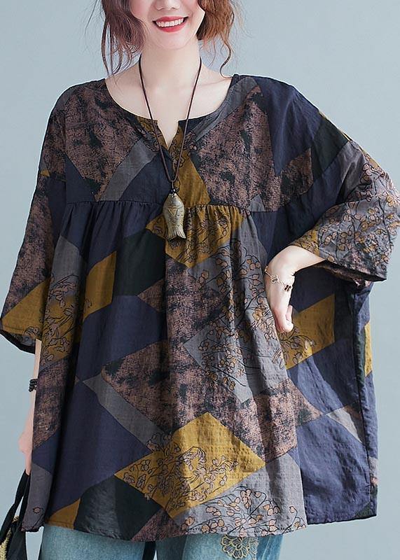 Organic Print V Neck Batwing Sleeve Cotton Top Summer - Omychic