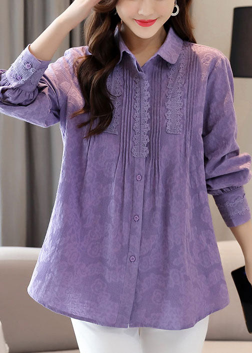 Organic Purple Embroideried Lace Patchwork Cotton Shirts Tops Spring