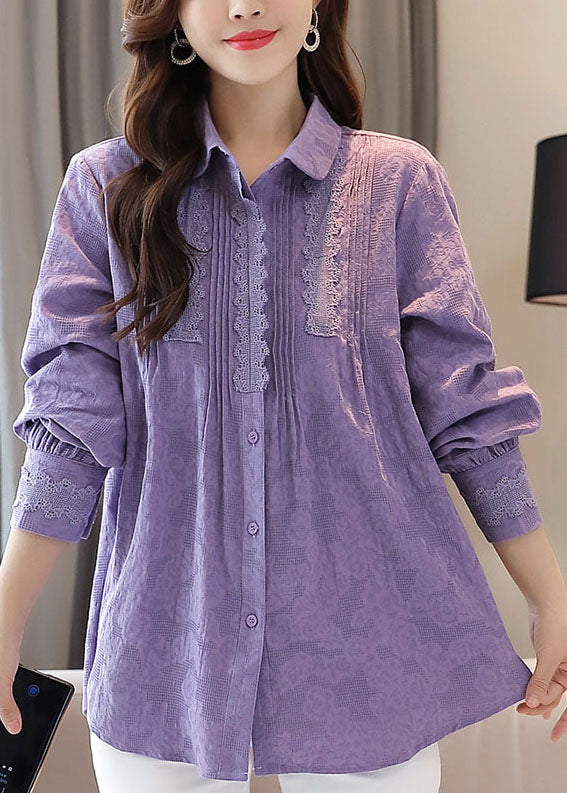 Organic Purple Embroideried Lace Patchwork Cotton Shirts Tops Spring