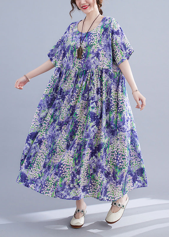 Organic Purple Print Patchwork Cotton Long Dresses Summer