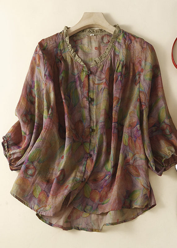 Organic Purple Print Ruffled Patchwork Linen Tops Summer - Omychic