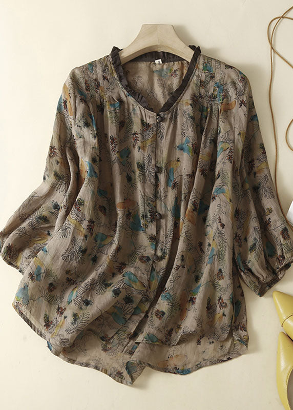 Organic Purple Print Ruffled Patchwork Linen Tops Summer