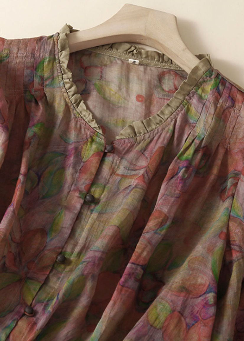 Organic Purple Print Ruffled Patchwork Linen Tops Summer - Omychic
