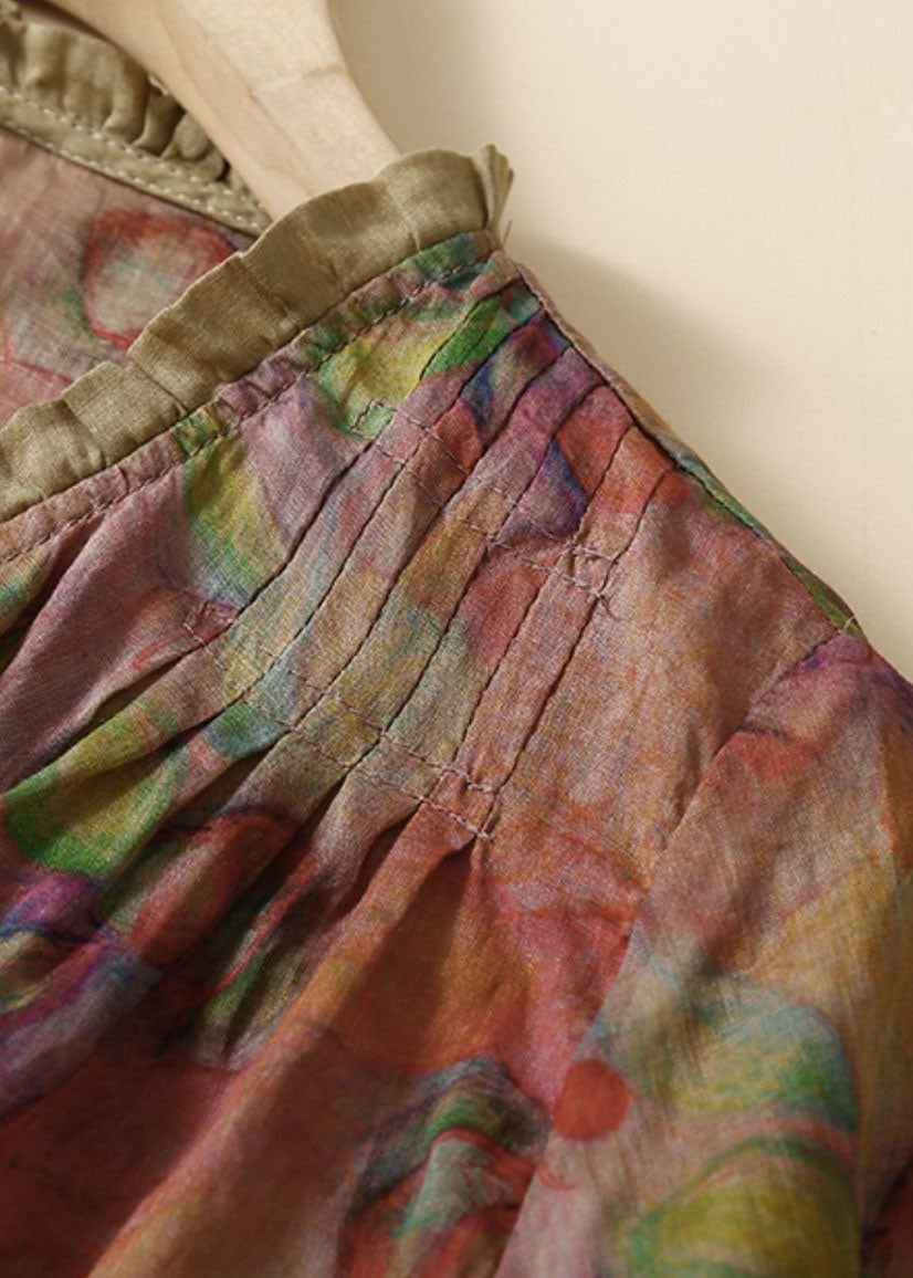 Organic Purple Print Ruffled Patchwork Linen Tops Summer - Omychic