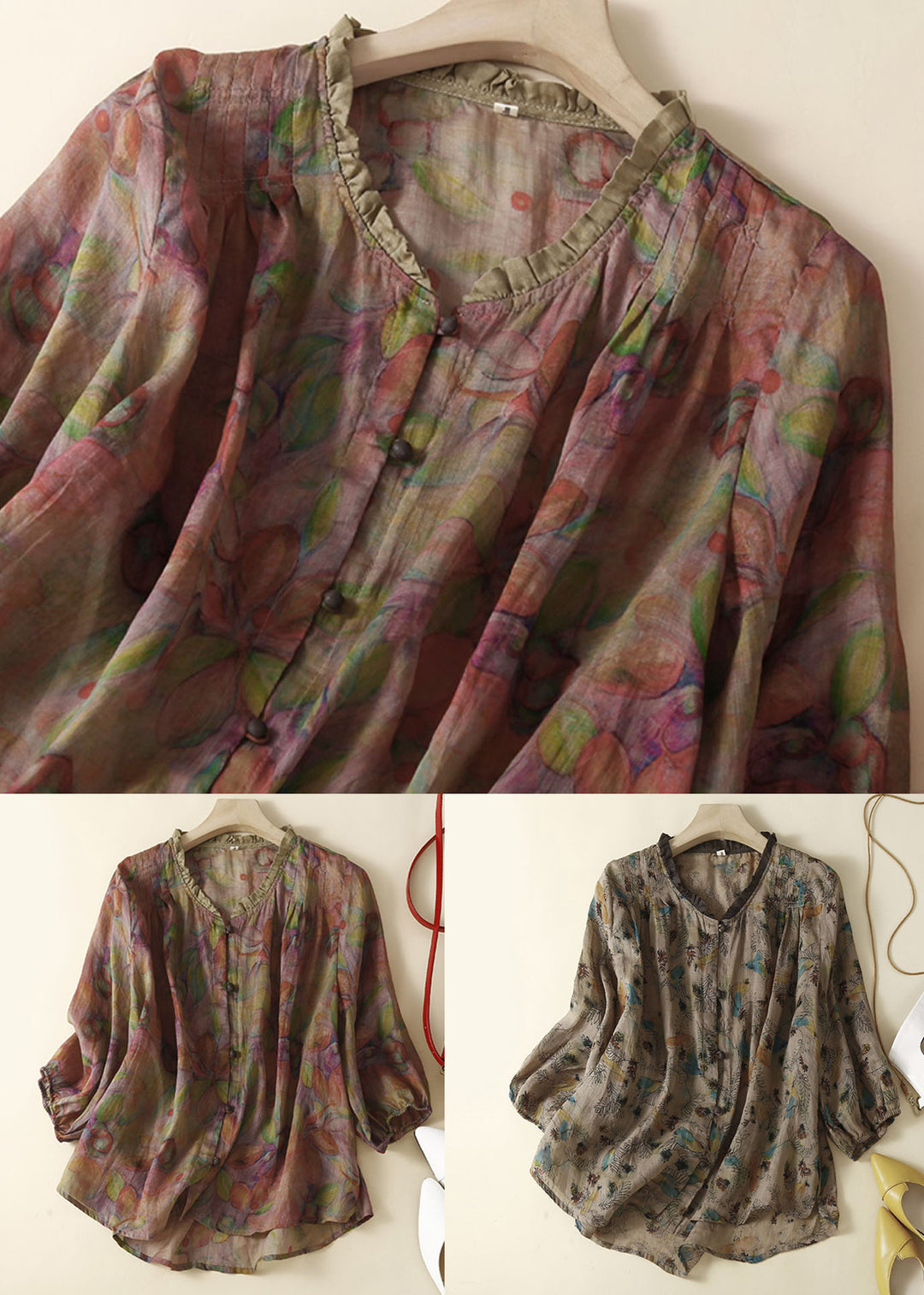 Organic Purple Print Ruffled Patchwork Linen Tops Summer - Omychic