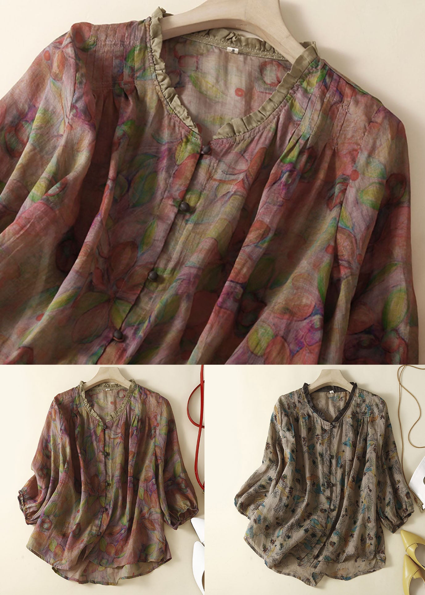 Organic Purple Print Ruffled Patchwork Linen Tops Summer - Omychic