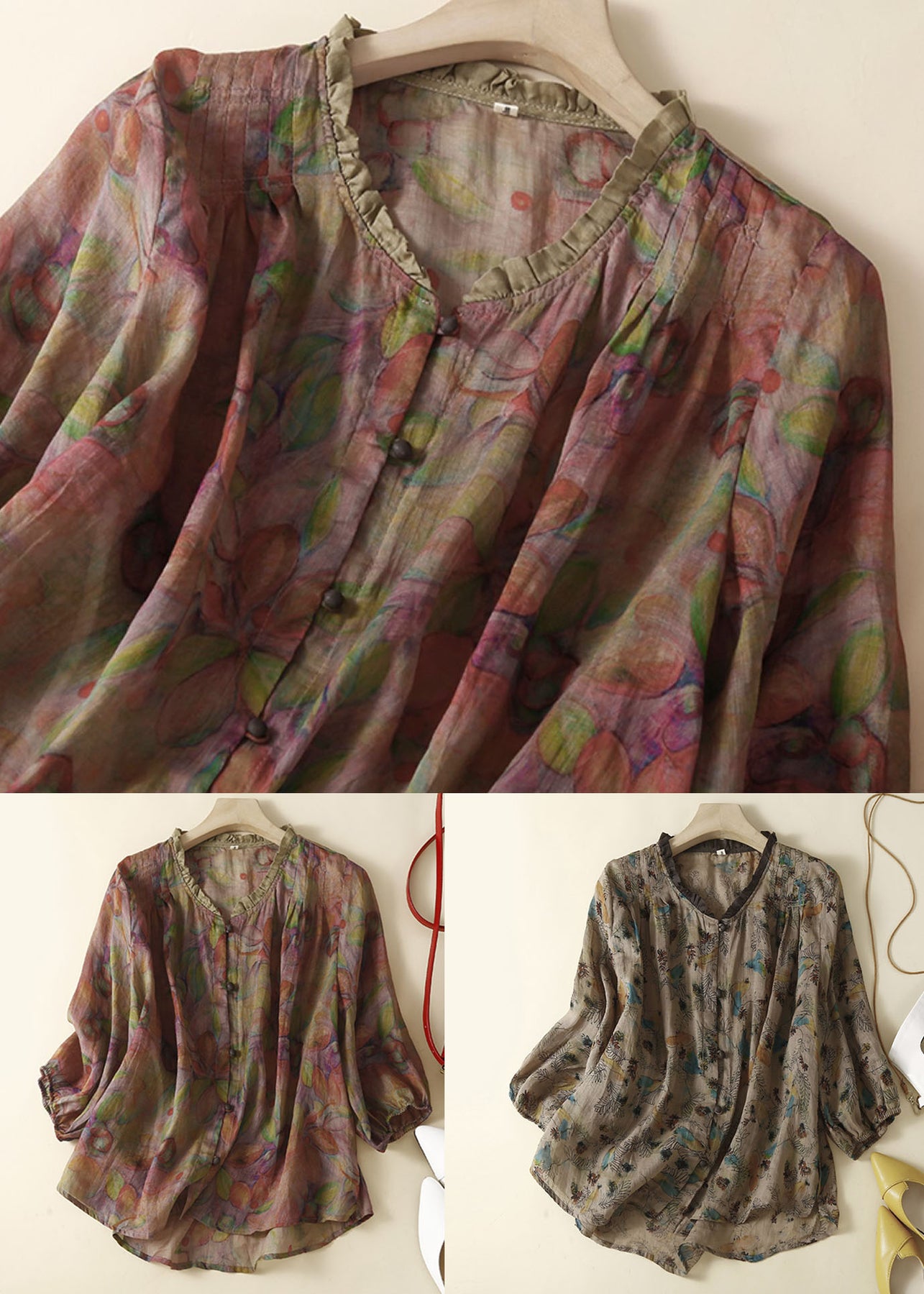Organic Purple Print Ruffled Patchwork Linen Tops Summer - Omychic