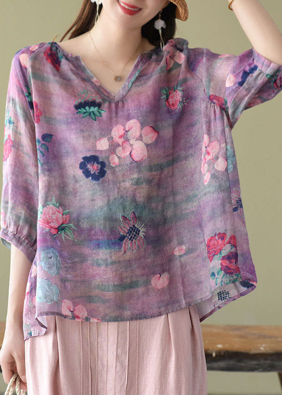 Organic Pink V Neck Print Patchwork Cotton T Shirt Summer
