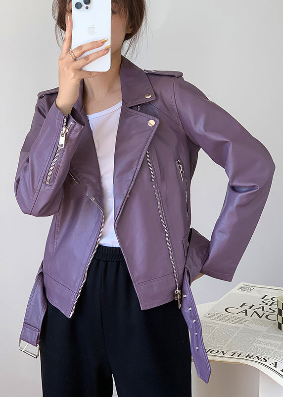 Organic Purple Zip Up Pockets Patchwork Faux Leather Jacket Fall