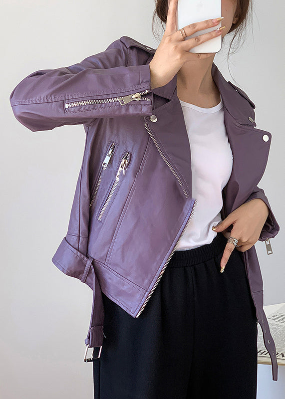Organic Purple Zip Up Pockets Patchwork Faux Leather Jacket Fall