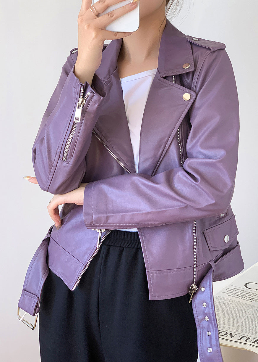 Organic Purple Zip Up Pockets Patchwork Faux Leather Jacket Fall