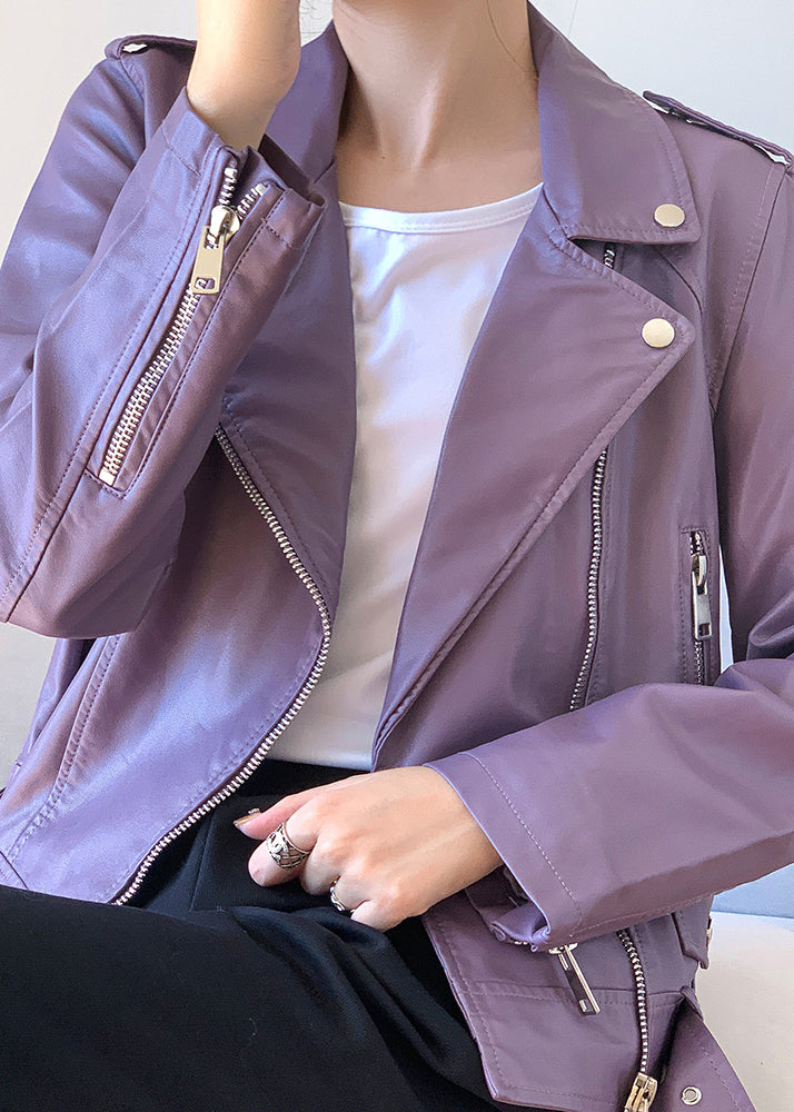 Organic Purple Zip Up Pockets Patchwork Faux Leather Jacket Fall