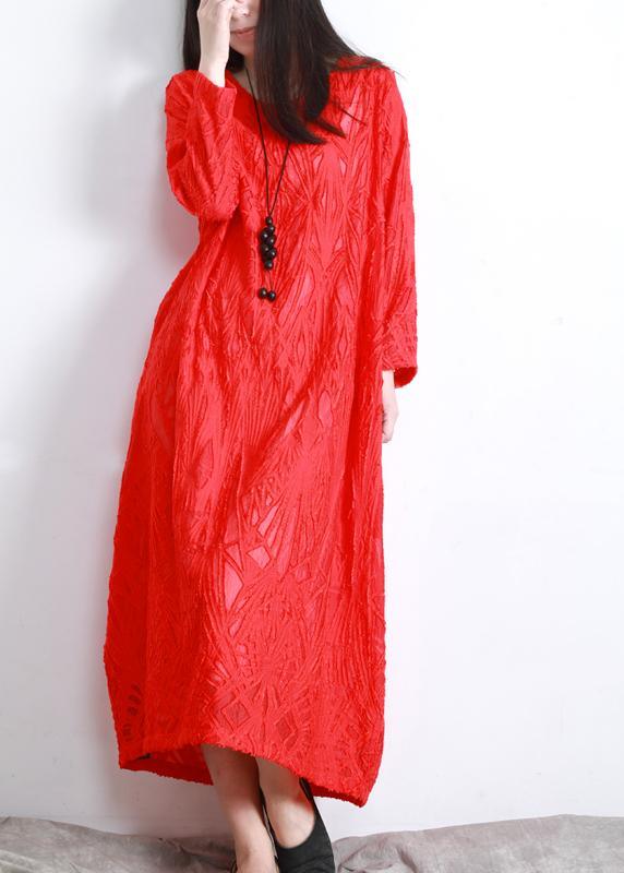 Organic Red Jacquard O-Neck Loose Silk Dress Summer - Omychic