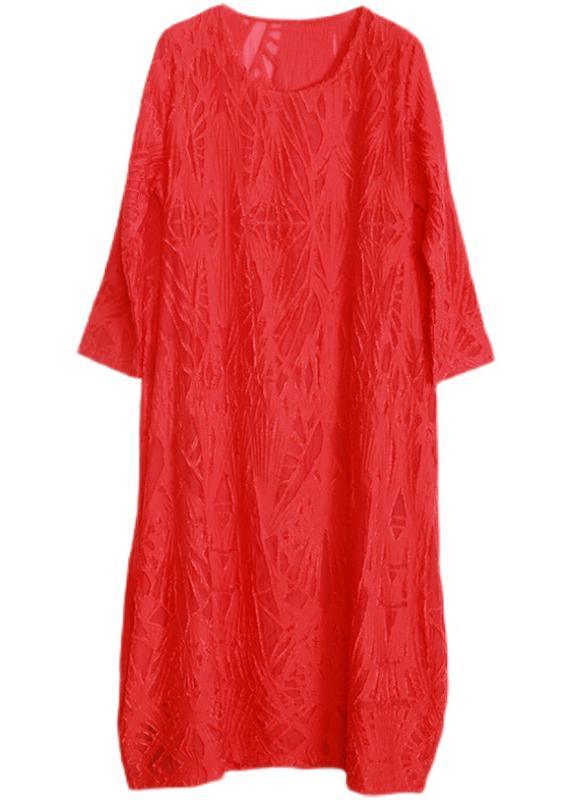 Organic Red Jacquard O-Neck Loose Silk Dress Summer - Omychic