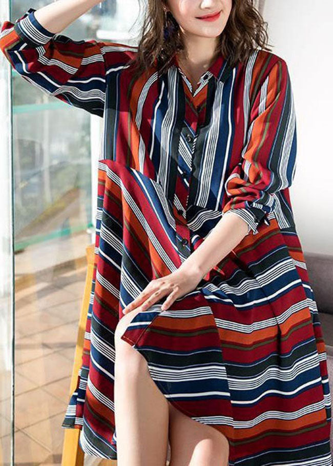 Organic Red Peter Pan Collar Striped Patchwork Chiffon Shirts Dress Spring