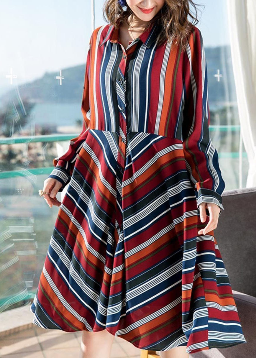 Organic Red Peter Pan Collar Striped Patchwork Chiffon Shirts Dress Spring