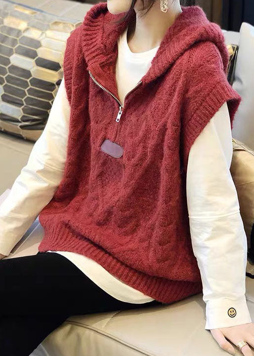 Organic Red hooded zippered Cute Fall Knit Vest