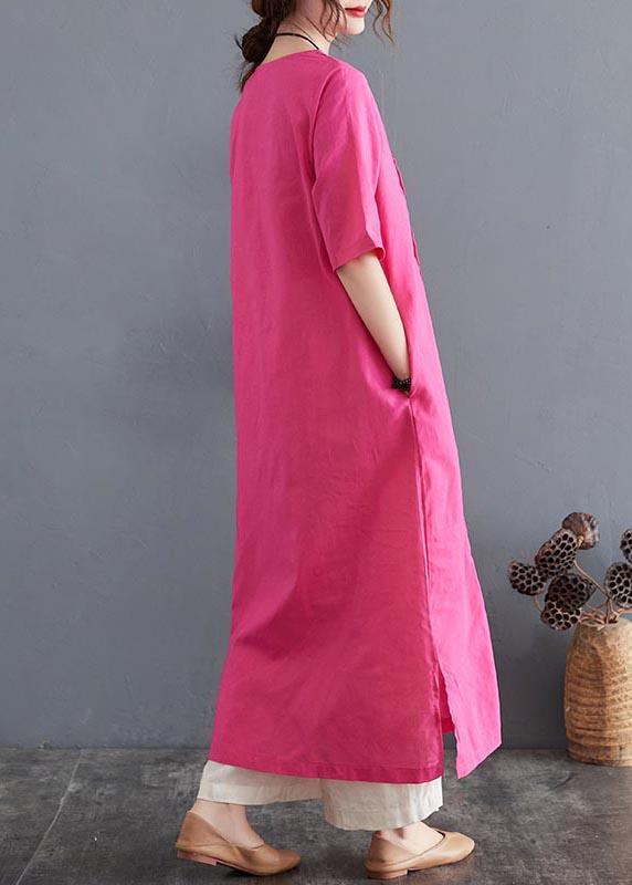 Organic Rose side open Cotton Linen Summer Vacation Dresses - Omychic