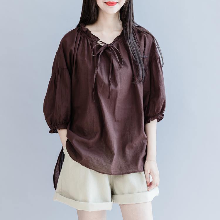 Organic Ruffles lantern sleeve cotton Blouse Work chocolate shirts summer - Omychic