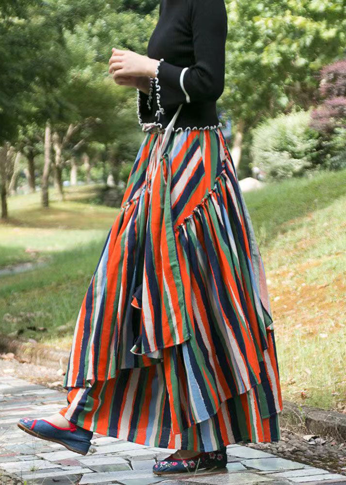 Organic Striped Wrinkled Asymmetrical Layered Patchwork Cotton Skirts Fall